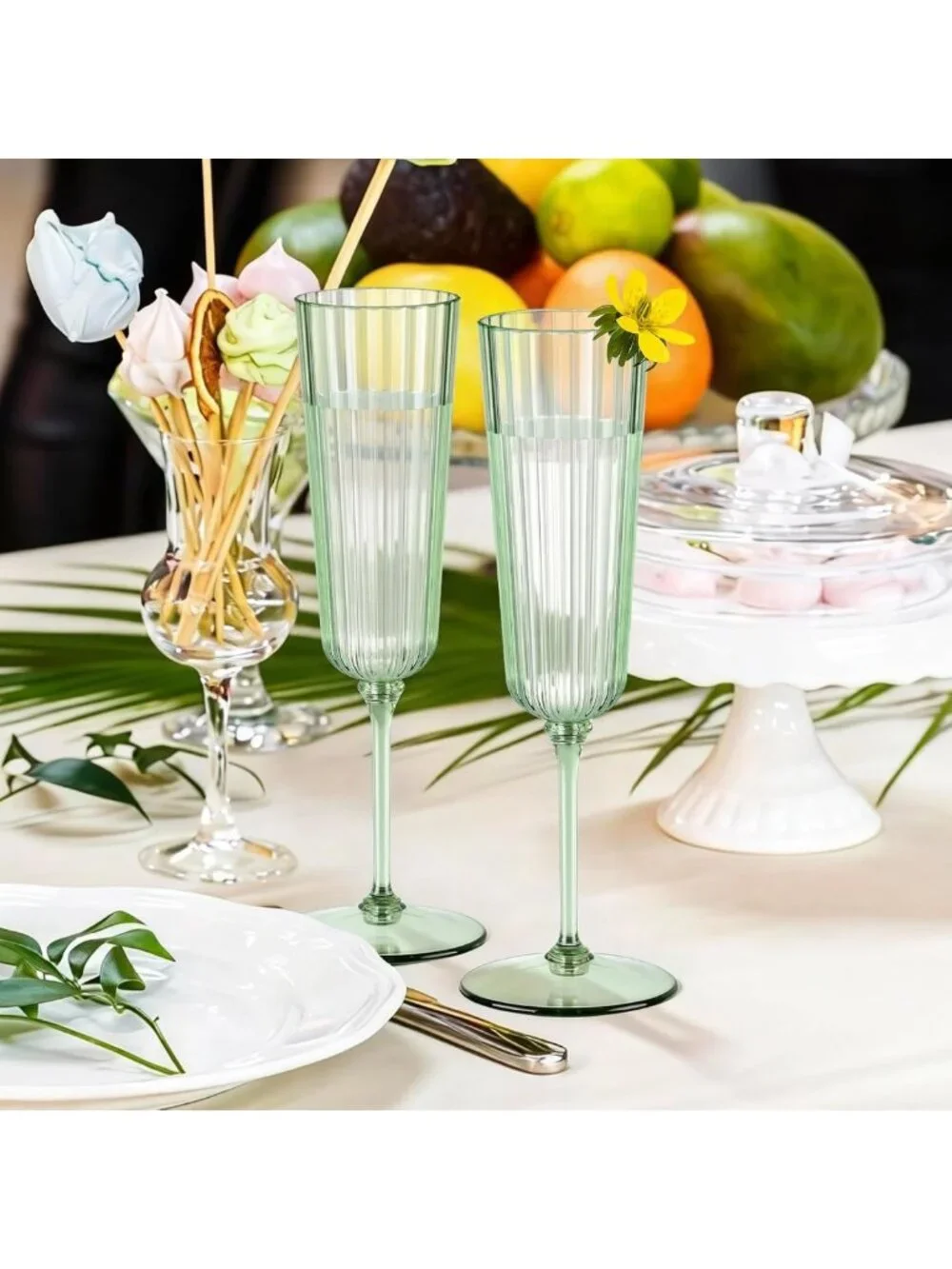 48 Pack Sage Green Unbreakable Champagne Flutes - Ribbed Disposable Wine Glasses